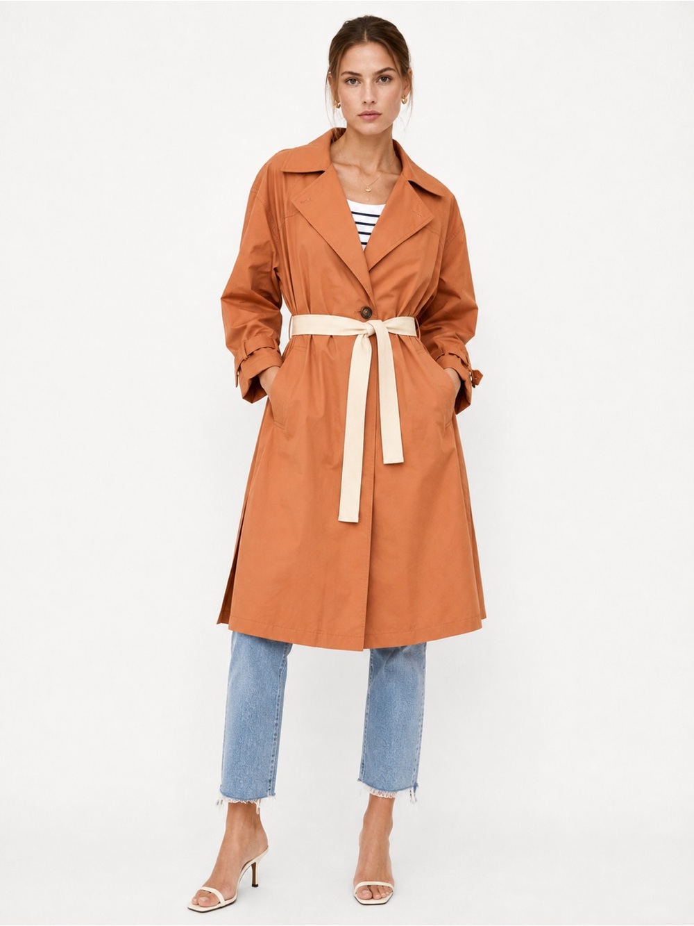 Zara women’s Classic terracotta Trench Coat with Contrast Belt size L